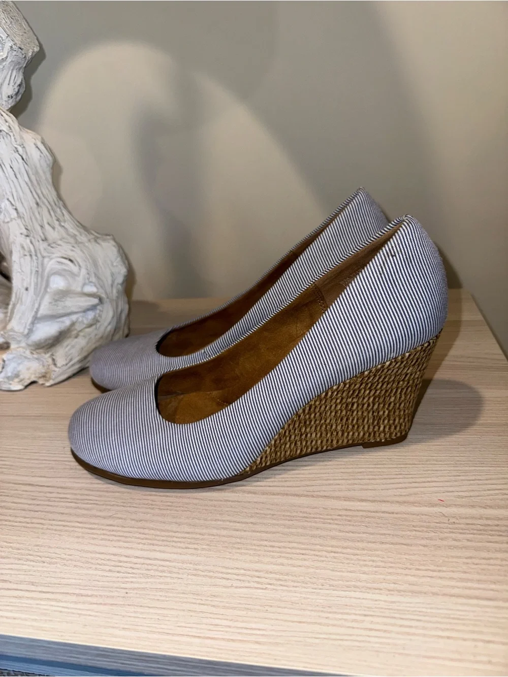 AEROSOLES Navy & White Striped Wedge Pumps